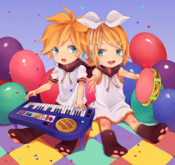 Rule 34 | 1boy, 1girl, akiyoshi (tama-pete), animal hands, bad id, bad pixiv id, balloon, brother and sister, checkered floor, child, confetti, floor, headset, instrument, kagamine len, kagamine rin, piano, siblings, sitting, tambourine, twins, vocaloid