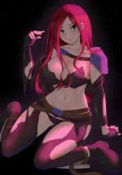 Rule 34 | 1girl, belt, black background, blush, breasts, cleavage, fingerless gloves, gloves, green eyes, highres, katarina (league of legends), large breasts, league of legends, long hair, looking at viewer, navel, pao mian+dan, red hair, scar, scar across eye, scar on face, seiza, simple background, sitting, solo, torn clothes