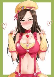 Rule 34 | 10s, 1girl, anger vein, bare shoulders, black hair, blush, border, breasts, chef hat, cleavage, collar, collarbone, commentary request, dickbomber, double v, embarrassed, food-themed hair ornament, forced smile, frills, full-face blush, green border, green eyes, hair ornament, hands up, hat, heart pendant, highres, idolmaster, idolmaster cinderella girls, large breasts, long hair, looking at viewer, midriff, mukai takumi, navel, oven mitts, red ribbon, ribbon, skirt, solo, suspender skirt, suspenders, sweatdrop, v, white background