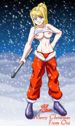 Rule 34 | 00s, 1girl, blonde hair, blue eyes, boots, breasts, christmas, clothes lift, fullmetal alchemist, large breasts, midriff, nipples, no bra, panties, ponytail, shirt lift, smile, snow, snowing, solo, tomboy, underwear, winry rockbell, wrench