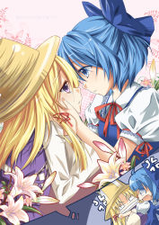 Rule 34 | 2girls, anger vein, angry, blonde hair, blue eyes, blue hair, bow, cirno, eye contact, flower, hair bow, hand on another&#039;s cheek, hand on another&#039;s face, hands on another&#039;s cheeks, hands on another&#039;s face, hat, highres, lily (flower), looking at another, moriya suwako, mouth pull, multiple girls, purple eyes, short hair, tears, thought bubble, touhou, wings, yui (daijun), yuri