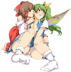Rule 34 | 2girls, barefoot, blush, bobby socks, bow, breasts, breasts apart, brown hair, convenient censoring, daiyousei, detached sleeves, dress, ear licking, embodiment of scarlet devil, facing another, fairy, fairy wings, feet, female focus, foreshortening, frills, green eyes, green hair, hair bow, hair ornament, hair ribbon, hair tubes, hakama, hakama skirt, hakurei reimu, japanese clothes, kimono, kneeling, lace, lace-trimmed panties, lace trim, legs up, licking, long hair, looking at another, looking away, magukappu, matching hair/eyes, miko, molestation, multiple girls, no bra, open clothes, open mouth, open shirt, panties, panty pull, petticoat, ponytail, red hakama, red ribbon, ribbon, shirt, short sleeves, shy, side ponytail, simple background, sitting, skirt, socks, tongue, tongue out, touhou, underwear, undressing, white background, white panties, white socks, wings, yellow ribbon, yuri