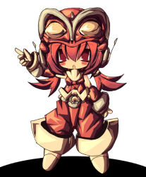 Rule 34 | 1girl, breasts, chibi, commentary request, dangomushi, genderswap, genderswap (mtf), gloves, helmet, looking at viewer, low twintails, open mouth, pants, red eyes, red hair, red headwear, red pants, red shirt, redman, redman (character), shirt, short twintails, sleeveless, sleeveless shirt, small breasts, solo, twintails, white footwear, white gloves