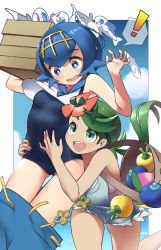 Rule 34 | !, 2girls, :d, bare arms, berry (pokemon), blue eyes, blue hair, blue pants, blush, breasts, clothes pull, cloud, commentary request, crate, creatures (company), floating hair, flower, game freak, gen 7 pokemon, green eyes, green hair, hair flower, hair ornament, hairband, highres, holding, lana (pokemon), looking down, looking up, mallow (pokemon), multiple girls, nintendo, one-piece swimsuit, open mouth, overalls, pants, pants pull, pokemon, pokemon (creature), pokemon sm, shirt, short hair, sky, smile, spoken exclamation mark, swimsuit, teeth, tm (hanamakisan), tongue, water, wishiwashi, wishiwashi (solo)