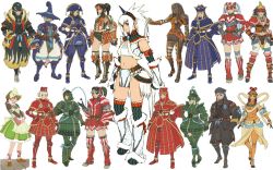 Rule 34 | 6+girls, ankle lace-up, armband, armor, armored dress, baggy pants, bandeau, belt, black hair, blonde hair, book, boots, breasts, brown hair, capcom, chameleos (armor), cleavage, conga (armor), crest, crop top, cross-laced footwear, crossed legs, crown, dark-skinned female, dark skin, dress, dutch cap, elbow gloves, everyone, family crest, flat chest, forehead protector, fur, fur trim, gloves, guardian spirit (armor), gypceros (armor), hand on own hip, hands on own hips, hat, helmet, helper (armor), hermitaur (armor), holding, horns, kirin (armor), knee boots, kuroobi, kuroobi (armor), leg warmers, lineup, loafers, loincloth, long sleeves, looking at viewer, lunastra (armor), midriff, monster hunter (series), multiple girls, navel, official art, pants, pleated skirt, ponytail, pteruges, rajang (armor), ribbon, shen gaoren (armor), shoes, short hair, short twintails, simple background, single horn, sitting, skirt, small breasts, spiked hair, split-toe footwear, standing, teostra (armor), thigh boots, thigh strap, thighhighs, torn clothes, turtleneck, twintails, watson cross, white hair, wide sleeves, witch hat, wrist cuffs, yama tsukami (armor), zettai ryouiki