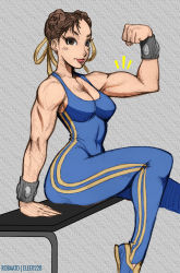 Rule 34 | 1990s (style), 1girl, alternate costume, bare shoulders, bodysuit, braid, breasts, brown eyes, brown hair, capcom, chun-li, cleavage, collaboration, colorized, double bun, earrings, elee0228, flexing, hair bun, highres, jewelry, large breasts, lips, muscular, muscular female, retro artstyle, robaato, shoes, short hair, sitting, smile, sneakers, solo, street fighter, street fighter zero (series), stud earrings, studded bracelet, toned, twin braids, unitard