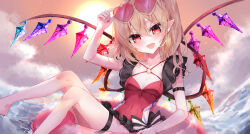 Rule 34 | 1girl, absurdres, alternate costume, arm strap, blonde hair, breasts, collarbone, crystal, doughnut innertube, eyewear on head, feet out of frame, flandre scarlet, head tilt, highres, holding, holding removed eyewear, impossible clothes, impossible swimsuit, innertube, looking at viewer, medium hair, multicolored wings, navel, no headwear, one-piece swimsuit, one side up, outdoors, pink innertube, pointy ears, red eyes, red one-piece swimsuit, rori82li, small breasts, solo, sunglasses, swim ring, swimsuit, thigh strap, touhou, unworn eyewear, water, wings