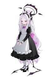 1girl absurdres apron black_horns blue_archive bow chiimanju demon_horns demon_wings dress forehead frilled_apron frills hair_ornament halo high_heels highres hina_(blue_archive) horns maid maid_apron maid_headdress multiple_horns purple_bow purple_eyes simple_background white_apron white_background white_hair wings