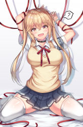 Rule 34 | 1girl, ?, beige sweater, blonde hair, blue skirt, blush, breasts, cenangam, collared shirt, cuffs, fang, girls&#039; frontline, hair between eyes, handcuffs, large breasts, long hair, looking at viewer, m870 (girls&#039; frontline), miniskirt, neck ribbon, open mouth, orange eyes, pleated skirt, red ribbon, restrained, ribbon, school uniform, shirt, sitting, skirt, smile, solo, spoken question mark, sweater vest, thighhighs, twintails, uniform, wariza, white shirt