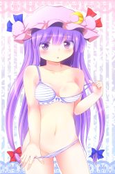 Rule 34 | 1girl, :o, blush, bra, breasts, female focus, groin, highres, long hair, looking at viewer, panties, patchouli knowledge, purple eyes, purple hair, rena (riries), solo, striped background, striped bra, striped clothes, striped panties, touhou, underwear, underwear only, undressing, vertical stripes