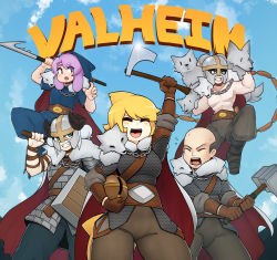 Rule 34 | 2girls, 3boys, absurdres, arm up, armor, axe, blonde hair, blue eyes, blush, breasts, brown gloves, closed eyes, copyright name, d-floe, facing viewer, fins, gloves, grin, head fins, highres, holding, holding axe, large breasts, looking at viewer, multiple boys, multiple girls, open mouth, original, parted lips, purple hair, shark girl, short hair, smile, teeth, valheim