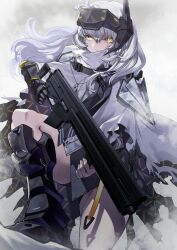 Rule 34 | 1girl, absurdres, armor, armored boots, bike shorts, boots, cloak, closed mouth, commission, dog tags, finger on trigger, frown, goddess of victory: nikke, gun, headgear, highres, holding, holding gun, holding weapon, long hair, looking at viewer, mechanical arms, mechanical legs, on one knee, outdoors, pyopyo, shoulder armor, single mechanical arm, skeb commission, snow, snow white (nikke), solo, thick thighs, thighs, visor (armor), weapon, white cloak, white hair, yellow eyes