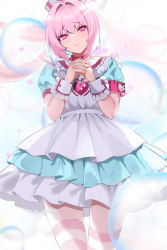 Rule 34 | 1girl, absurdres, apron, armband, bad id, bad twitter id, blue dress, blue hair, choker, commentary, dot nose, dress, eyelashes, frilled apron, frills, hair intakes, hands up, hat, heart, heart print, highres, idolmaster, idolmaster cinderella girls, interlocked fingers, multicolored hair, nurse cap, parted lips, petticoat, pink eyes, pink hair, puffy short sleeves, puffy sleeves, raised eyebrows, short sleeves, solo, sparkle, sparkle print, spider apple, standing, striped clothes, striped legwear, striped thighhighs, symbol-only commentary, thigh gap, thighhighs, thighs, two-tone hair, white apron, wrist cuffs, yumemi riamu, zipper