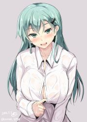 Rule 34 | 10s, 1girl, aqua eyes, aqua hair, blush, breasts, cleavage, gin&#039;ichi (akacia), hair ornament, hairclip, kantai collection, large breasts, long hair, looking at viewer, no bra, open mouth, see-through, shirt, smile, solo, suzuya (kancolle), unbuttoned, wet, wet clothes, wet hair, wet shirt