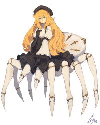 Rule 34 | 1girl, arachne, arthropod girl, black gloves, black hat, black skirt, blonde hair, blue eyes, breasts, closed mouth, commentary request, doll joints, elbow gloves, full body, gloves, hair between eyes, hat, high-waist skirt, highres, insect girl, joints, lansane, long hair, long sleeves, looking at viewer, medium breasts, monster girl, original, shirt, signature, simple background, skirt, smile, solo, spider girl, taur, white background, white shirt
