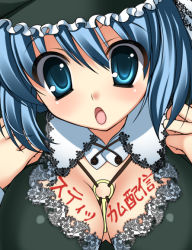 Rule 34 | 1girl, bad id, bad pixiv id, between breasts, blue eyes, blue hair, body writing, breasts, cleavage, embellished costume, female focus, frills, kawashiro nitori, key, lace, large breasts, matching hair/eyes, open mouth, short hair, solo, stickam, takeda aranobu, touhou, translation request, two side up