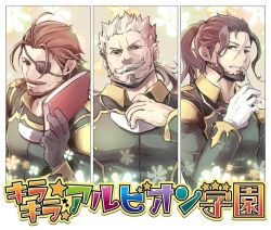 Rule 34 | 3boys, alternate costume, beard, book, brown hair, drinking, eugen (granblue fantasy), eyepatch, facial hair, granblue fantasy, holding, holding book, long hair, looking at viewer, male focus, mature male, multiple boys, muscular, muscular male, mustache, norazo, old, old man, pectorals, ponytail, rackam (granblue fantasy), soriz, translation request, upper body, wrinkled skin