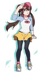 Rule 34 | 1girl, aqua eyes, arm up, black pantyhose, blush, bright pupils, brown hair, commentary request, creatures (company), double bun, full body, game freak, hair between eyes, hair bun, highres, long hair, mocacoffee 1001, nintendo, pantyhose, parted lips, pokemon, pokemon bw2, raglan sleeves, rosa (pokemon), shirt, shoes, short shorts, shorts, signature, sleeves past elbows, sneakers, solo, standing, twintails, visor cap, white pupils, xtransceiver, yellow shorts
