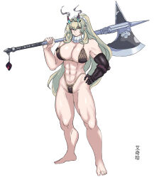 Rule 34 | 1641875782, 1girl, abs, absurdres, axe, barefoot, barghest (fate), barghest (ice warrior) (fate), blonde hair, breasts, fate/grand order, fate (series), full body, green eyes, heterochromia, highres, large breasts, long hair, muscular, muscular female, red eyes, simple background, solo, white background