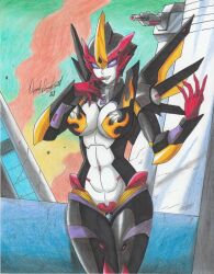 Rule 34 | 2021, abs, alien, breasts, cleavage, curvy, decepticon, flamewar, hand on own face, helmet, highres, large breasts, mechanical arms, mechanical legs, mechanical parts, purple eyes, ravernclouk design, robot, solo, traditional media, transformers, wings
