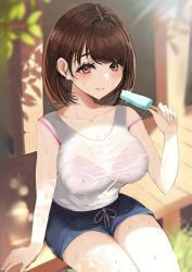 Rule 34 | 1girl, absurdres, bare arms, bare shoulders, bikini, bikini top only, bikini under clothes, blue shorts, blurry, blurry foreground, bob cut, breasts, brown eyes, brown hair, cleavage, collarbone, dolphin shorts, enma daio, foliage, food, from above, highres, large breasts, light blush, looking at viewer, medium hair, mole, mole under eye, original, outdoors, pink bikini, popsicle, see-through, shade, shirt, short shorts, shorts, sitting, smile, solo, strap slip, summer, sweat, swept bangs, swimsuit, tank top, thick eyelashes, wet, wet clothes, wet shirt, white shirt