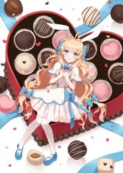 Rule 34 | 1girl, ahoge, animal ears, blonde hair, blue bow, blue eyes, blush, bow, box, box of chocolates, capelet, chocolate, clenched hands, cotton (congcotton), dress, from above, hair bow, heart, highres, knees together feet apart, lace, long hair, lying, nut (food), on back, open mouth, original, own hands together, pantyhose, rabbit ears, reflection, ribbon, shoes, solo, sparkle, very long hair, white pantyhose