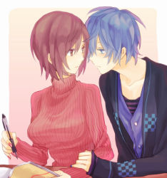 Rule 34 | 1boy, 1girl, akiyoshi (tama-pete), bad id, bad pixiv id, blue eyes, blue hair, breasts, brown eyes, brown hair, couple, eye contact, face-to-face, hetero, imminent kiss, kaito (vocaloid), looking at another, meiko (vocaloid), pen, short hair, sweater, turtleneck, vocaloid