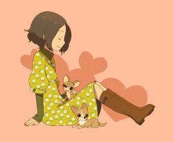 Rule 34 | boots, brown hair, chihuahua, closed eyes, dog, dress, highres, nail polish, original, simple background, sitting, smile, solo, ukke