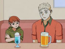 Rule 34 | 2boys, alcohol, beer, brown eyes, brown hair, chilchuck tims, crossed arms, cup, drinking straw, dungeon meshi, glass, highres, ichiko 07, indoors, laios touden, male focus, multiple boys, open mouth, original, short hair, table