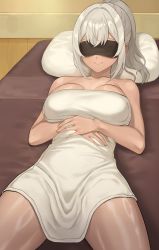 Rule 34 | 1girl, banned artist, bare arms, bare shoulders, bed sheet, blindfold, breasts, cleavage, closed mouth, collarbone, cona ember (jagaimo (kkamja)), covered eyes, grey hair, hands on own stomach, jagaimo (kkamja), large breasts, lying, naked towel, on back, on bed, original, own hands together, pillow, short hair, short ponytail, smile, solo, towel
