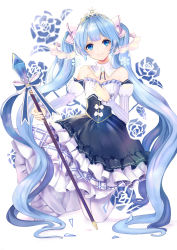Rule 34 | 1girl, absurdly long hair, absurdres, beamed eighth notes, blue dress, blue eyes, blue flower, blue hair, blue nails, blue rose, bow, bowtie, brooch, commentary, crystal, detached collar, detached sleeves, dress, earrings, eighth note, floral background, flower, fortissimo, framed breasts, frilled dress, frilled sleeves, frills, hair ornament, hand on own chest, hatsune miku, highres, holding, holding staff, jewelry, kneeling, layered dress, light blue hair, long hair, long sleeves, looking at viewer, musical note, musical note hair ornament, nail polish, princess, puffy detached sleeves, puffy long sleeves, puffy sleeves, rose, shiina0227, smile, snowflake hair ornament, solo, staff, strapless, strapless dress, striped, striped bow, striped sleeves, tiara, twintails, very long hair, vocaloid, white background, white legwear, yuki miku, yuki miku (2019)