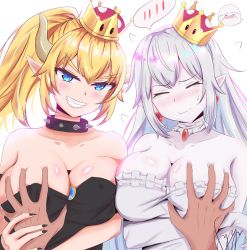 Rule 34 | 1boy, 2girls, areola slip, artist name, bare shoulders, black dress, black nails, blonde hair, blue eyes, blue gemstone, blush, boo (mario), bowsette, breast press, breasts, cleavage, closed eyes, closed mouth, collar, collarbone, colored skin, crown, dark-skinned male, dark skin, deep skin, dress, earrings, elbow gloves, embarrassed, evil grin, evil smile, eyelashes, eyes visible through hair, fingernails, flying sweatdrops, frilled dress, frills, gem, ghost, gloves, grabbing, grabbing another&#039;s breast, grabbing another's breast, grin, guided breast grab, guiding hand, hair between eyes, head tilt, hetero, holding another&#039;s wrist, horns, interracial, interspecies, jewelry, large breasts, long hair, looking at viewer, luigi&#039;s mansion, mario (series), medium hair, monster girl, multiple girls, nail polish, neck, necklace, new super mario bros. u deluxe, nintendo, no bra, pale skin, pointy ears, ponytail, princess king boo, red gemstone, sharp fingernails, sharp teeth, side-by-side, signature, simple background, slit pupils, smile, spiked collar, spikes, spoken blush, standing, strapless, strapless dress, super crown, sweatdrop, syyn (syyndev), tears, teeth, tsurime, upper body, wavy mouth, white background, white dress, white gloves, white hair, white skin