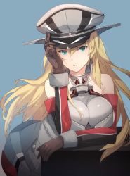 Rule 34 | 1girl, adjusting clothes, adjusting headwear, anchor, bismarck (kancolle), blonde hair, blue background, blue eyes, breasts, brown gloves, choker, cowboy shot, cross, detached sleeves, gloves, hat, highres, iron cross, kantai collection, kasumi (skchkko), large breasts, leaning forward, leaning on table, looking at viewer, military, military hat, military uniform, peaked cap, resting, revision, shadow, solo, table, uniform