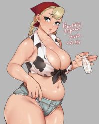 Rule 34 | 1girl, agawa ryou, animal print, aqua eyes, artist name, ass, bandana, bare arms, bare shoulders, belly, blonde hair, bottle, braid, breasts, cleavage, collarbone, collared shirt, commentary, cow print, cowboy shot, crop top, cutoffs, dated, denim, denim shorts, english commentary, from side, front-tie top, grey background, holding, holding bottle, huge breasts, lips, long hair, looking at viewer, micro shorts, midriff, milk bottle, navel, original, parted lips, plump, puckered lips, red bandana, red headwear, shirt, shorts, signature, simple background, sleeveless, sleeveless shirt, solo, suggestive fluid, sweat, thick thighs, thighs, twin braids