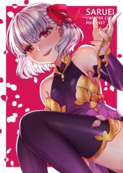 Rule 34 | 1girl, artist name, bad id, bad pixiv id, bare shoulders, blush, bow, commentary request, detached sleeves, dress, fate/grand order, fate (series), fingernails, hair between eyes, hair bow, kama (fate), kama (first ascension) (fate), long sleeves, looking at viewer, nail polish, parted lips, pink nails, purple background, purple dress, purple sleeves, purple thighhighs, red bow, red eyes, saruei, short hair, silver hair, sitting, sleeveless, sleeveless dress, smile, solo, teeth, thighhighs, two-tone background, upper teeth only, watermark, web address, white background