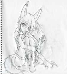 Rule 34 | 1girl, absurdres, animal ears, boots, detached sleeves, elin, flower, fox ears, fox tail, graphite (medium), highres, hugging own legs, monochrome, panties, pantyshot, scan, short hair, side ponytail, sitting, sketch, smile, solo, tail, tera online, thigh boots, thighhighs, traditional media, underwear, wand, yuuno (pixiv2011836)