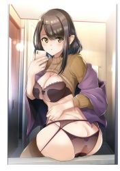 Rule 34 | 1girl, absurdres, ass, black thighhighs, blush, bow, bow bra, bow panties, bra, breasts, brown eyes, brown hair, butt crack, cellphone, cleavage, dokuro-san, garter belt, hair ornament, highres, holding, jewelry, lifted by self, lingerie, long hair, looking at viewer, medium breasts, melonbooks, mole, mole under eye, necklace, panties, panties over garter belt, parted lips, phone, ribbed sweater, scan, see-through, simple background, solo, sweater, thighhighs, underwear