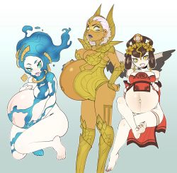 Rule 34 | 3girls, abdiel (megami tensei), absurdres, anahita, bare shoulders, barefoot, big belly, blue lips, breasts, chinese clothes, claws, crossed legs, dark-skinned female, dark skin, facial mark, feet, female focus, floating, green eyes, hair ornament, hand on own stomach, hellbrain, highres, large breasts, liquid hair, long toenails, megami tensei, multiple girls, nail polish, navel, nuwa (megami tensei), pale skin, pregnant, red lips, red nails, revealing clothes, sharp teeth, shin megami tensei, shin megami tensei v, short hair, soles, standing, teeth, toenail polish, toenails, toes