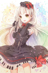 Rule 34 | 1girl, :d, black gloves, earphones, elbow gloves, gloves, hair ornament, long hair, looking at viewer, mayu (vocaloid), open mouth, silver hair, smile, solo, vocaloid, yellow eyes, yonema