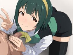 Rule 34 | 1boy, 1girl, black pubic hair, black skirt, black thighhighs, bow, bowtie, censored, closed mouth, clothed female nude male, commentary request, green hair, hairband, highres, idolmaster, idolmaster (classic), long sleeves, looking at viewer, male pubic hair, mole, mole under mouth, mosaic censoring, nude, otonashi kotori, penis, pubic hair, red eyes, short hair, skirt, smile, tedain, thighhighs, v, white sleeves, yellow bow, yellow bowtie, yellow hairband, zettai ryouiki