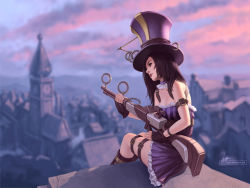 Rule 34 | 1girl, bare shoulders, boots, brown hair, caitlyn (league of legends), detached collar, dress, gun, hat, highres, league of legends, long hair, rifle, rooftop, scope, solo, strapless, strapless dress, thigh strap, top hat, tsuaii, wallpaper, weapon