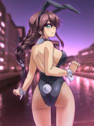 Rule 34 | 1girl, akito (sub707), alternate costume, animal ears, ass, black leotard, braid, breasts, brown hair, detached collar, fake animal ears, fake tail, fishnet pantyhose, fishnets, green eyes, highres, kantai collection, large breasts, leotard, noshiro (kancolle), pantyhose, playboy bunny, rabbit ears, rabbit tail, solo, strapless, strapless leotard, swept bangs, tail, twin braids, wrist cuffs