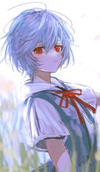 Rule 34 | 1girl, ayanami rei, bad id, bad twitter id, blouse, blue hair, blurry, blurry background, blush, commentary request, from side, hair between eyes, highres, looking at viewer, neck ribbon, neon genesis evangelion, nokoru sora, red eyes, red ribbon, ribbon, school uniform, shirt, short hair, short sleeves, solo, tokyo-3 middle school uniform, upper body, white background, white shirt, wings