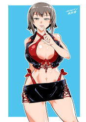 Rule 34 | 1girl, absurdres, arm behind back, artist name, black shirt, black skirt, blue background, bra, breasts, brown eyes, brown hair, commentary, cowboy shot, crop top, dated, finger to mouth, front-tie bra, girls und panzer, half-closed eyes, highleg, highleg panties, highres, huge breasts, leather skirt, looking at viewer, microskirt, midriff, navel, nishizumi maho, outline, outside border, panties, parted lips, red bra, red panties, shinkuukan (tetsuo3), shirt, short hair, shushing, side-tie panties, side-tie skirt, signature, skirt, smile, solo, standing, underwear, white outline