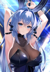 Rule 34 | 1girl, absurdres, animal ears, arm strap, armpits, arms up, azur lane, bare shoulders, black leotard, blue eyes, blue hair, blue leotard, blue nails, blush, bodystocking, breasts, cleavage, commentary request, covered collarbone, fake animal ears, hair between eyes, hair intakes, highres, large breasts, leotard, long hair, looking at viewer, new jersey (azur lane), new jersey (exhilarating steps!) (azur lane), official alternate costume, parted lips, playboy bunny, pole, puripuri, rabbit ears, revision, see-through, see-through cleavage, sidelocks, smile, solo, standing, strapless, strapless leotard, stripper pole, upper body, very long hair