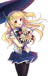 Rule 34 | 1girl, :d, black pantyhose, blonde hair, blue skirt, blush, bouquet, cowboy shot, fang, floating hair, flower, frilled sleeves, frills, heiwari kanade, highres, holding, holding bouquet, legs together, long hair, looking at viewer, oil-paper umbrella, open mouth, original, pantyhose, simple background, skirt, smile, solo, two side up, umbrella, white background, wrist cuffs