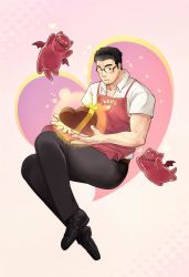 Rule 34 | 1boy, apron, bara, black-framed eyewear, black hair, black pants, blush, candy, chocolate, chocolate heart, creature, floating, floating object, food, full body, gakuran, heart, highres, male focus, motoori shiro, muscular, muscular male, official alternate costume, pants, partially unbuttoned, pectoral cleavage, pectorals, red apron, school uniform, shirt, short hair, short sleeves, smile, solo, spiked hair, tokyo houkago summoners, white shirt, winemvee