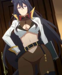 Rule 34 | 1girl, animal ears, blue hair, breasts, cleavage, gloves, hand on own hip, highres, large breasts, legs, long hair, mature female, midriff, navel, olivia vel vine, purple eyes, shijou saikyou no daimaou murabito a ni tensei suru, solo, stitched, thick thighs, thighhighs, thighs, third-party edit