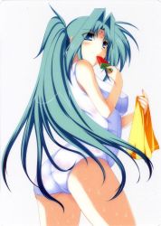 Rule 34 | 00s, 1girl, aqua hair, ass, blue eyes, blush, facial mark, forehead mark, green hair, hair intakes, lindy harlaown, long hair, lyrical nanoha, mahou shoujo lyrical nanoha, mahou shoujo lyrical nanoha a&#039;s, one-piece swimsuit, ponytail, popsicle, scan, school swimsuit, smile, solo, swimsuit, towel, trefoil, watermelon bar, wet, white school swimsuit, white one-piece swimsuit