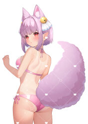 1girl :o animal_ear_fluff animal_ears bare_arms bare_shoulders bell bikini blush breasts chitetan commentary_request copyright_request dotted_line from_behind hair_bell hair_ornament heart jingle_bell looking_at_viewer looking_back medium_breasts one-piece_tan pink_bikini pointy_ears side-tie_bikini_bottom simple_background solo swimsuit tail tan tanline virtual_youtuber watermark white_background